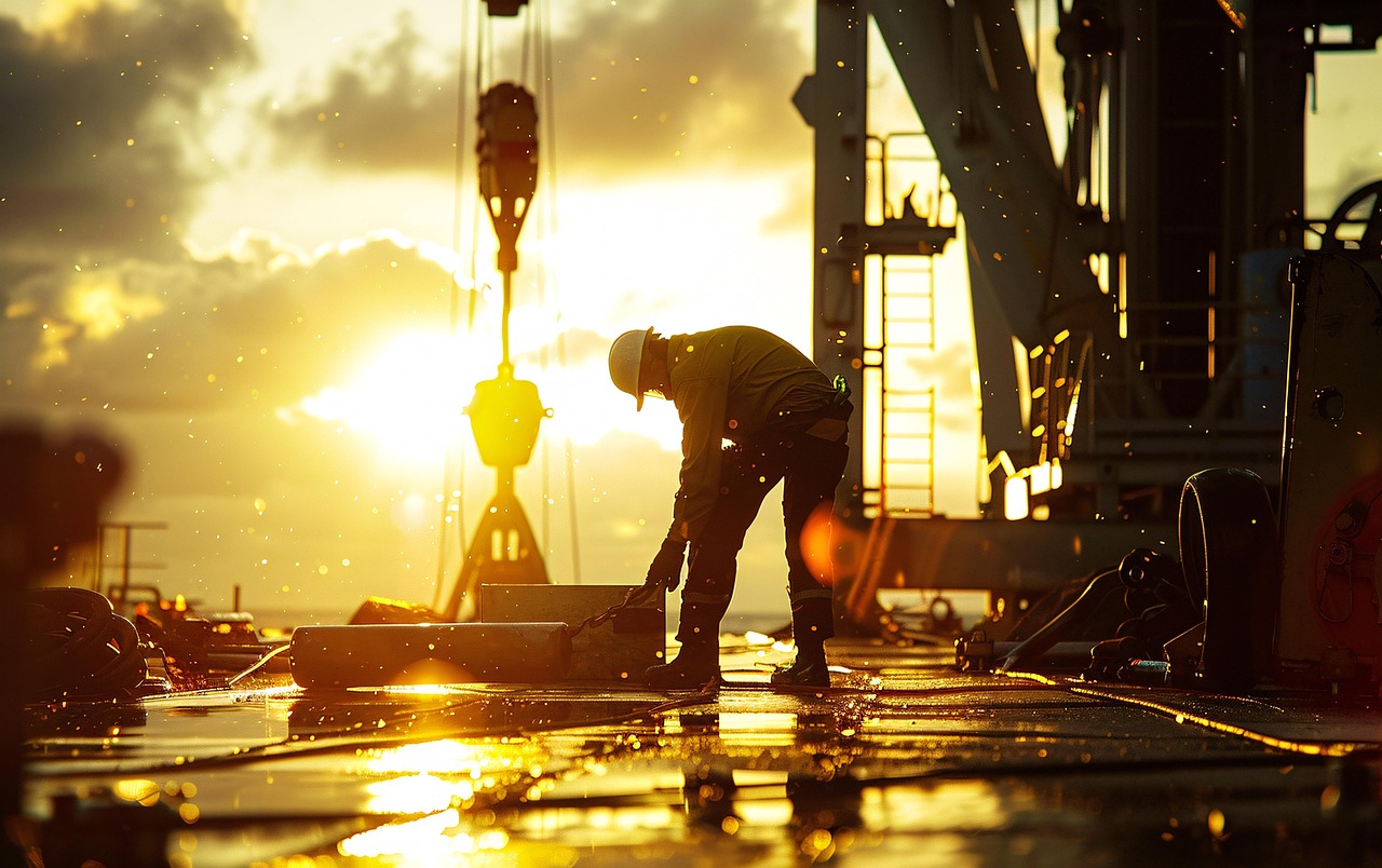 Oil rig worker at golden hour